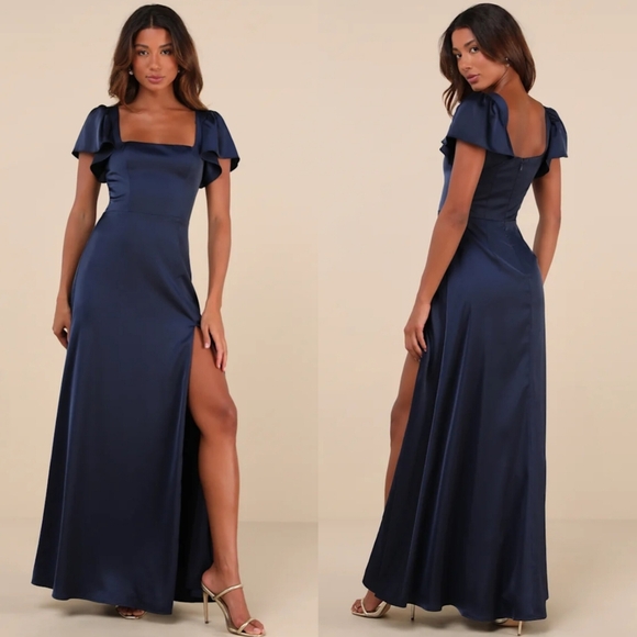 Lulus Ultimate Sweetness Navy Blue Satin Flutter Sleeve Maxi Dress L Wedding - Picture 1 of 9
